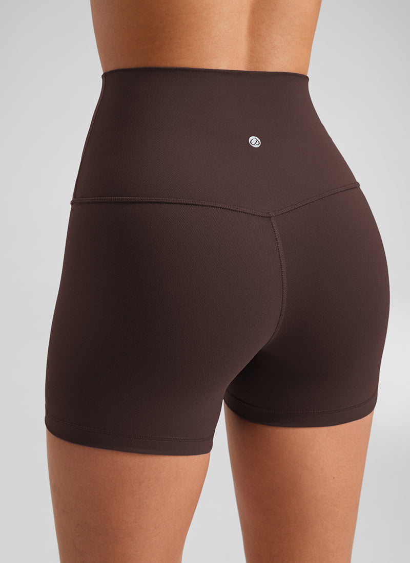 CRZ YOGA Women's Yoga High Rise Biker Shorts Butterluxe Shorts 4'' Hot Fudge Brown @model_info:Fiona