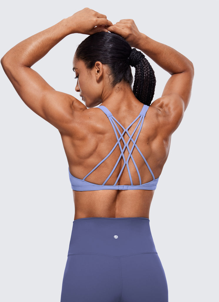 CRZ YOGA Women's Yoga Train Light Support Nakedfeel Strappy Bra Periwinkle Purple