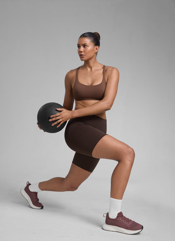 CRZ YOGA Women's Yoga Train Light Support Nakedfeel Strappy Bra Coffee Brown