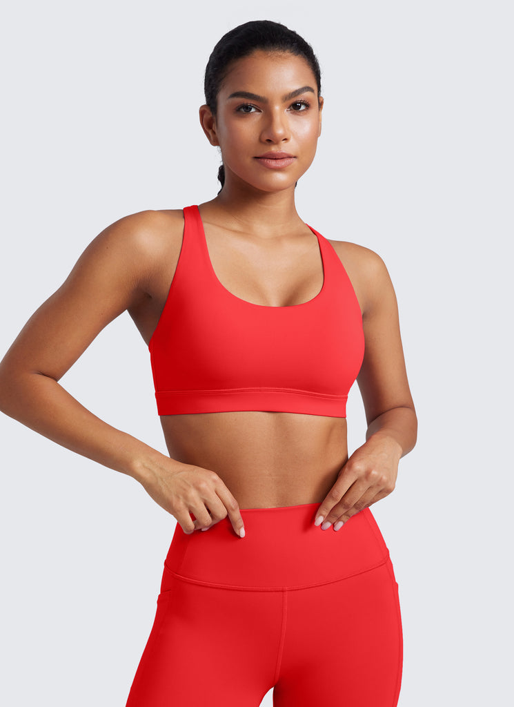 CRZ YOGA Women's Yoga Training Medium Support Nakedfeel Bra Cross Back Serrated Leopard -Paris Green