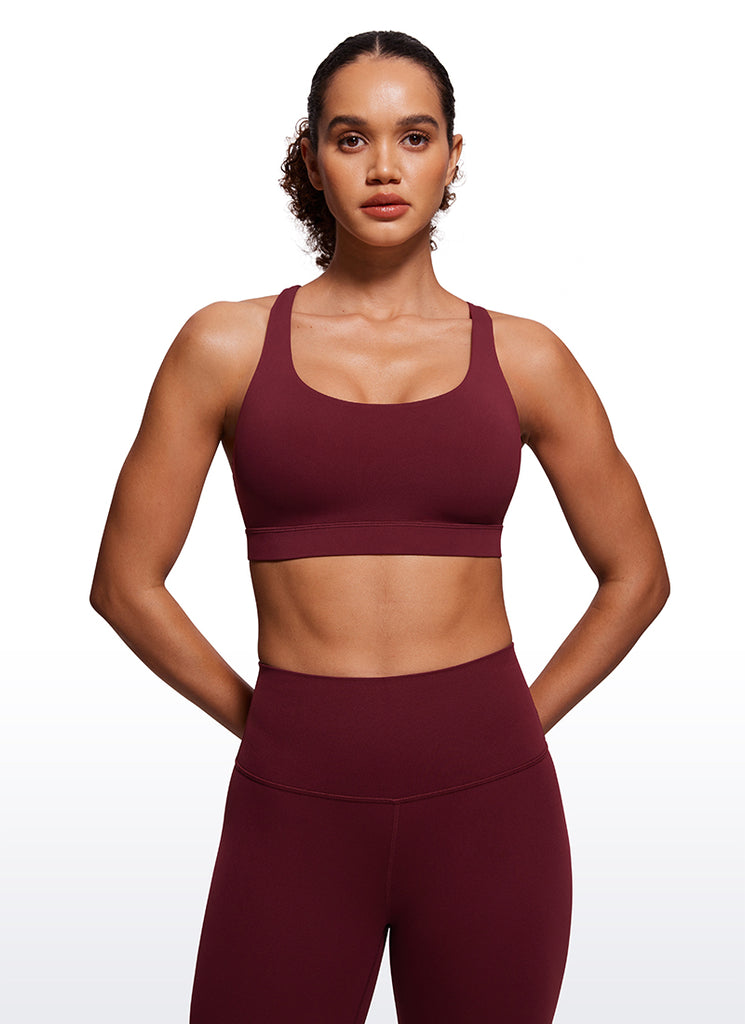 CRZ YOGA Women's Yoga Training Medium Support Nakedfeel Bra Cross Back Red Merlot