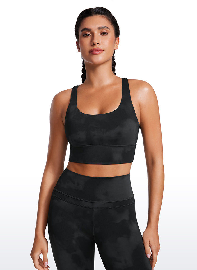 CRZ YOGA Womens Strappy Longline Nakedfeel Training Sports Bra Black Tie Dye Flowers