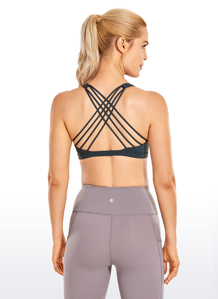 CRZ YOGA Women's Yoga Light Support Nakedfeel Strappy Bra Low Cut Camouflage -Black