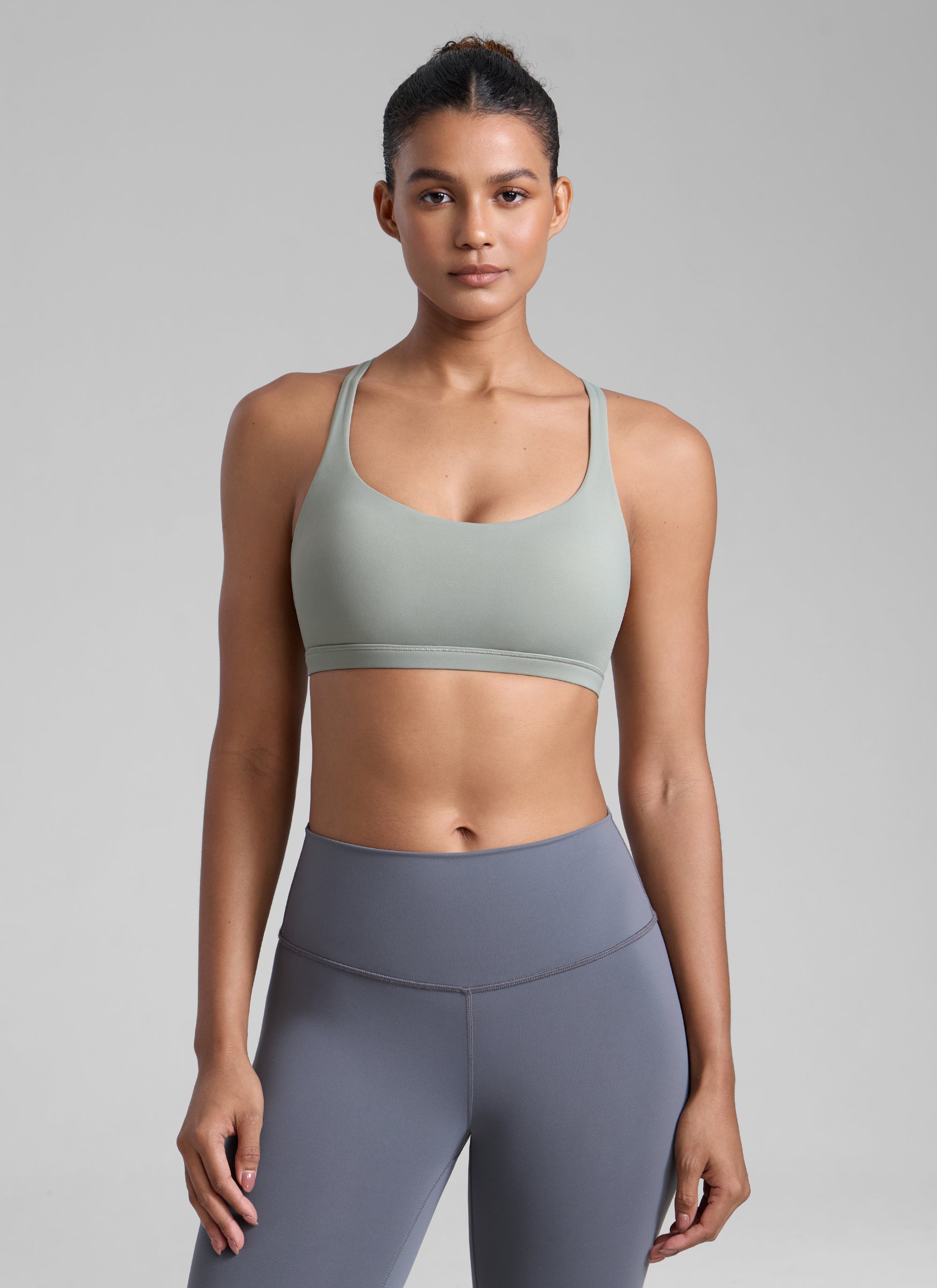 CRZ YOGA Women's Yoga Light Support Nakedfeel Strappy Bra Low Cut Melanite