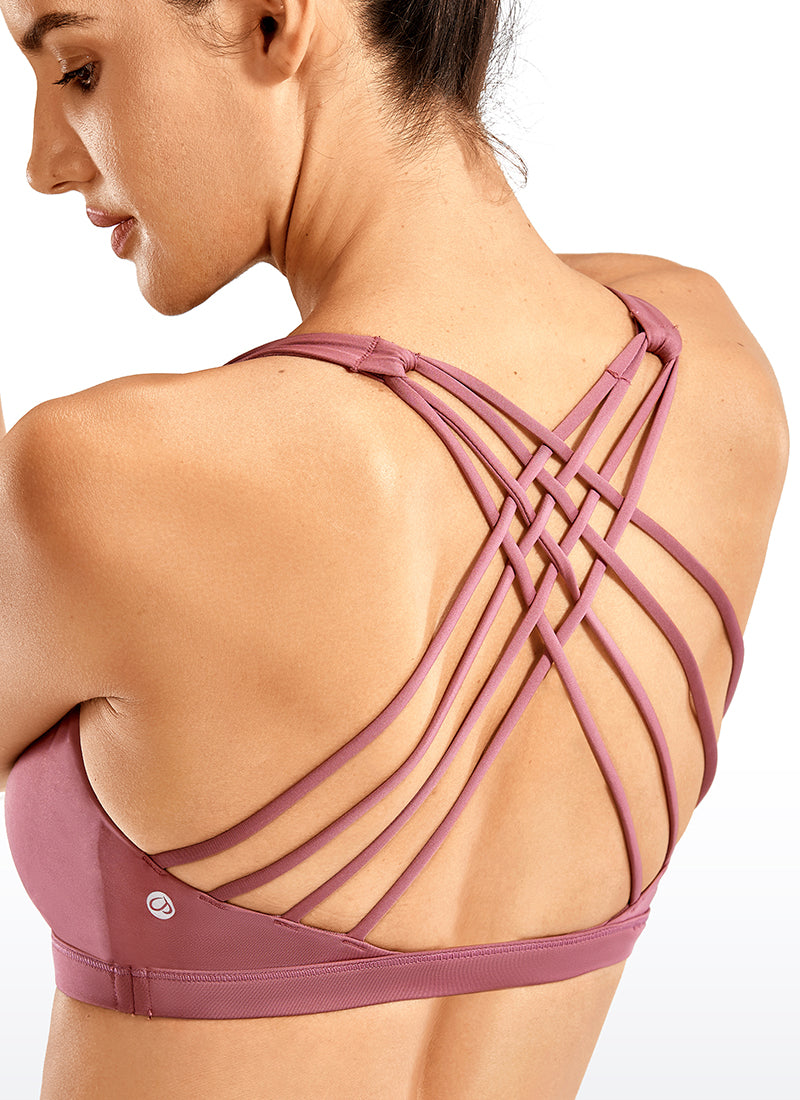 CRZ YOGA Women's Yoga Light Support Nakedfeel Strappy Bra Low Cut Misty Merlot