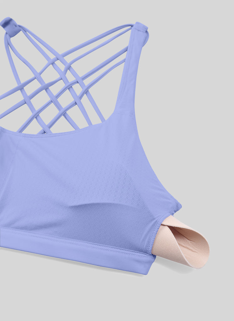 CRZ YOGA Women's Yoga Light Support Nakedfeel Strappy Bra Low Cut Periwinkle Purple