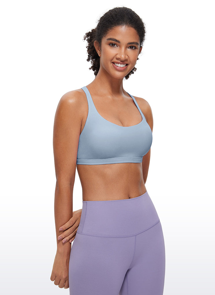 CRZ YOGA Women's Yoga Light Support Nakedfeel Strappy Bra Low Cut Cambric Blue