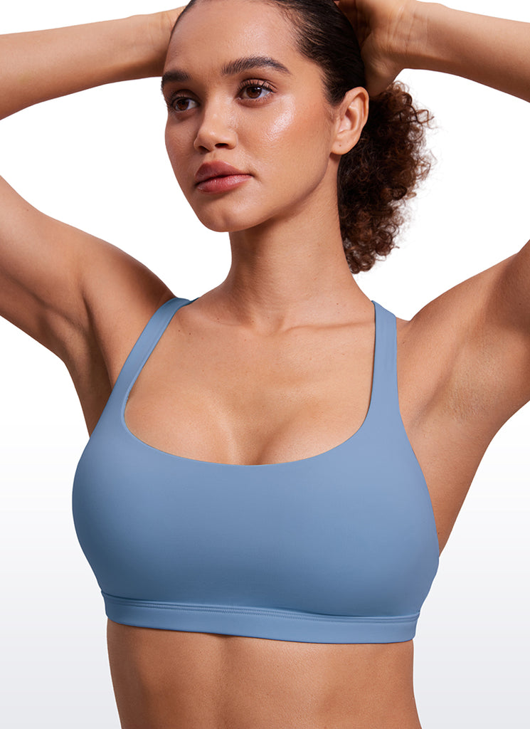 CRZ YOGA Women's Yoga Light Support Nakedfeel Strappy Bra Low Cut Oasis Blue