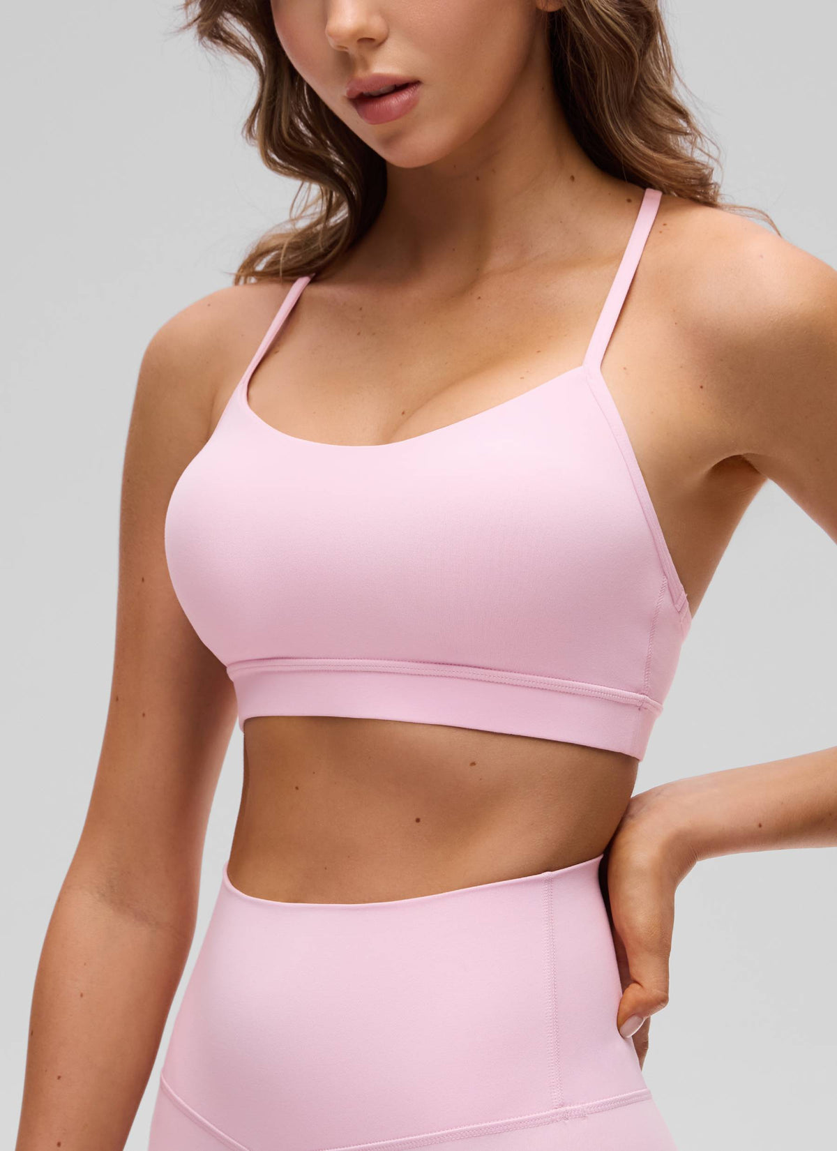 CRZ YOGA Women's Yoga Light Support Butterluxe Sports Bra Y back Pink Peony @model_info:Kriss