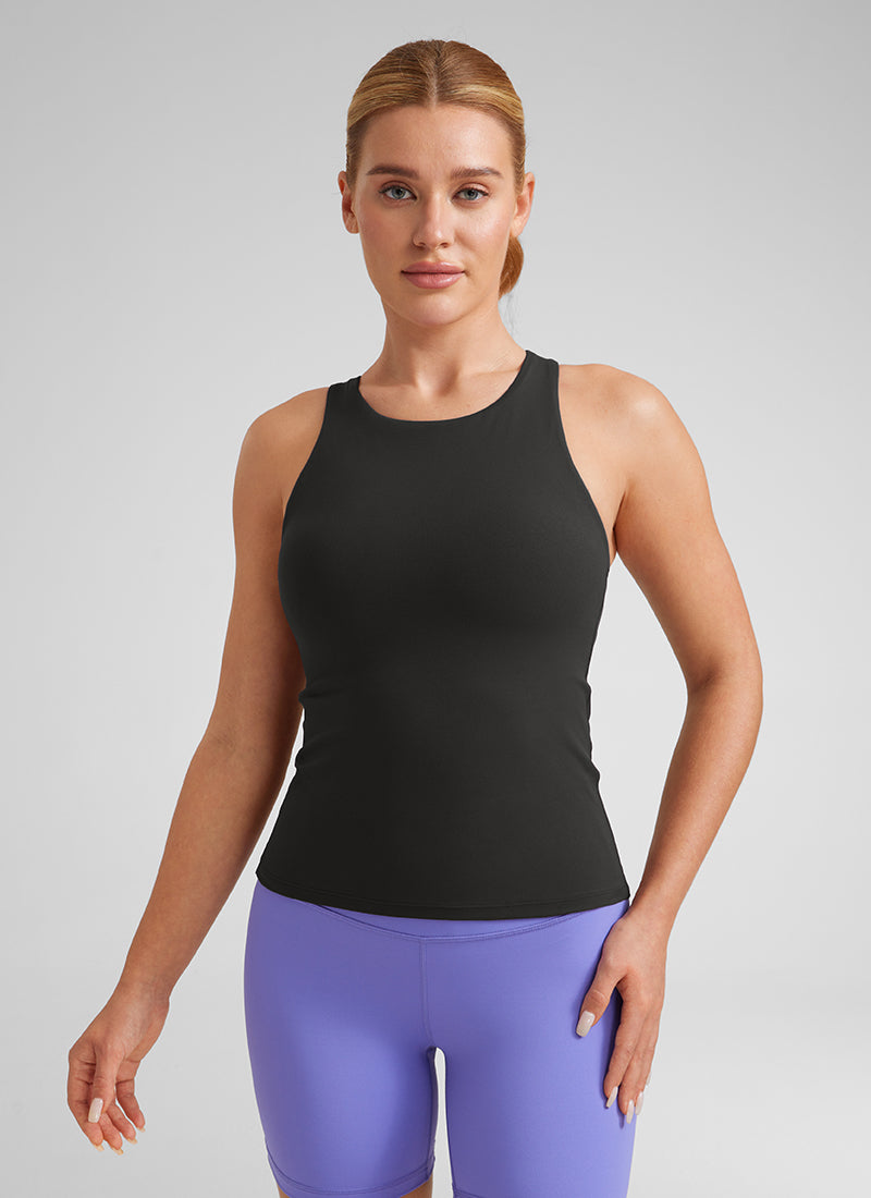 CRZ YOGA Women's Butterluxe Built-in Bra High Neck Racerback Tank Black