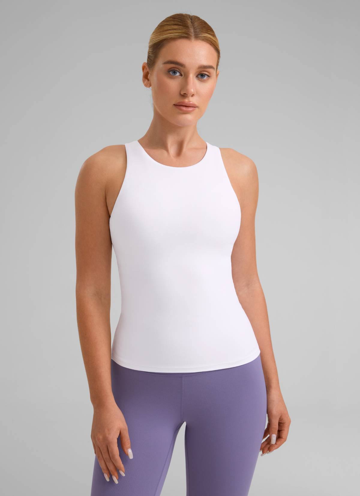 CRZ YOGA Women's Butterluxe Built-in Bra High Neck Racerback Tank White @model_info:Lika