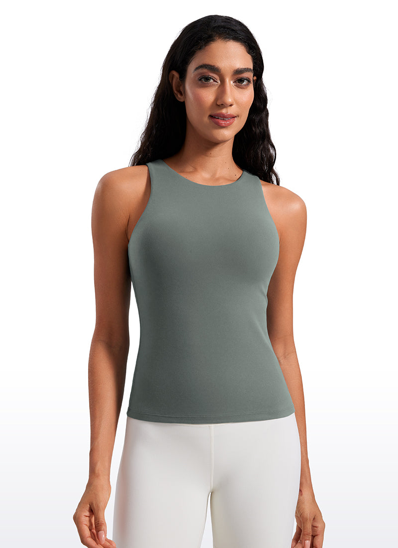 CRZ YOGA Women's Butterluxe Built-in Bra High Neck Racerback Tank Grey Sage @model_info:Mariana