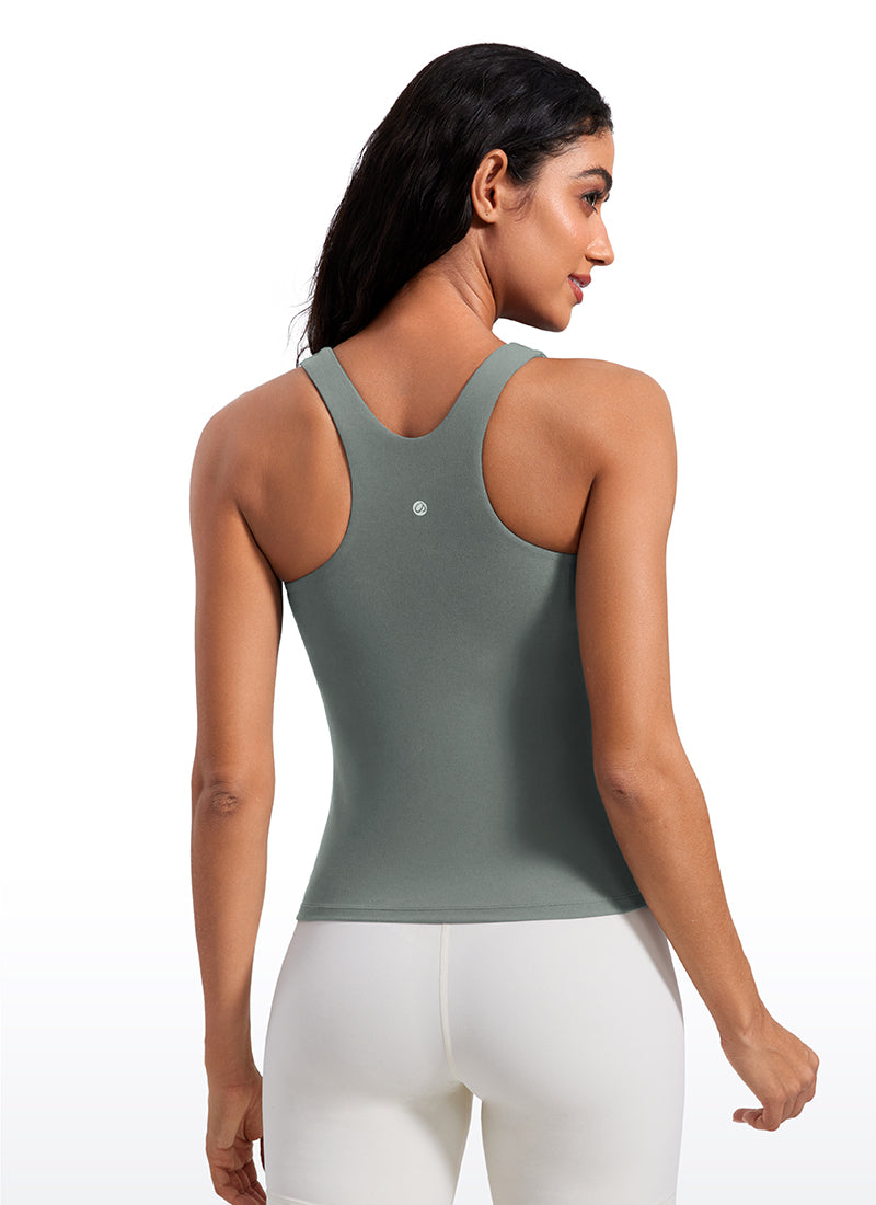 CRZ YOGA Women's Butterluxe Built-in Bra High Neck Racerback Tank Grey Sage @model_info:Mariana