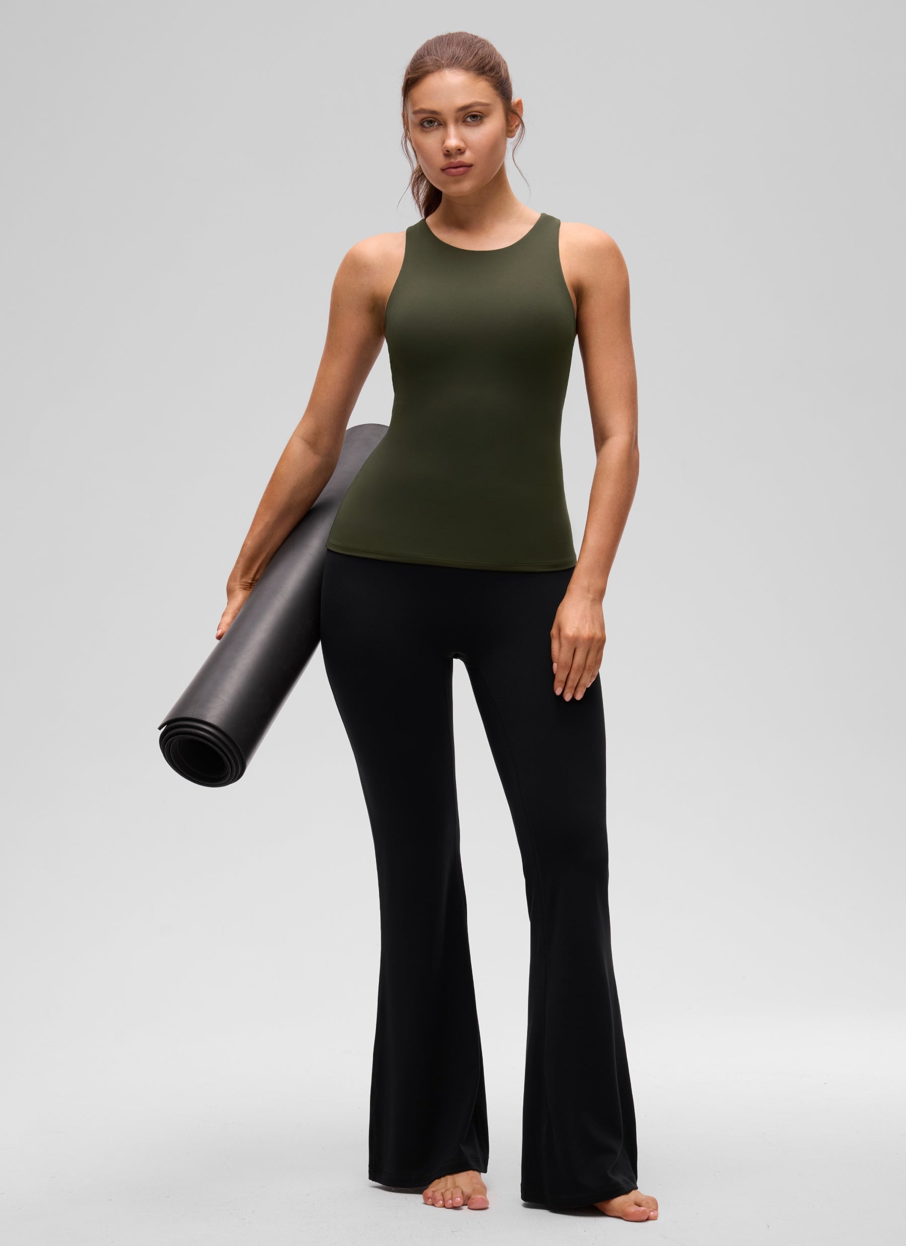 CRZ YOGA Women's Butterluxe Built-in Bra High Neck Racerback Tank Olive Green @model_info:Valeria