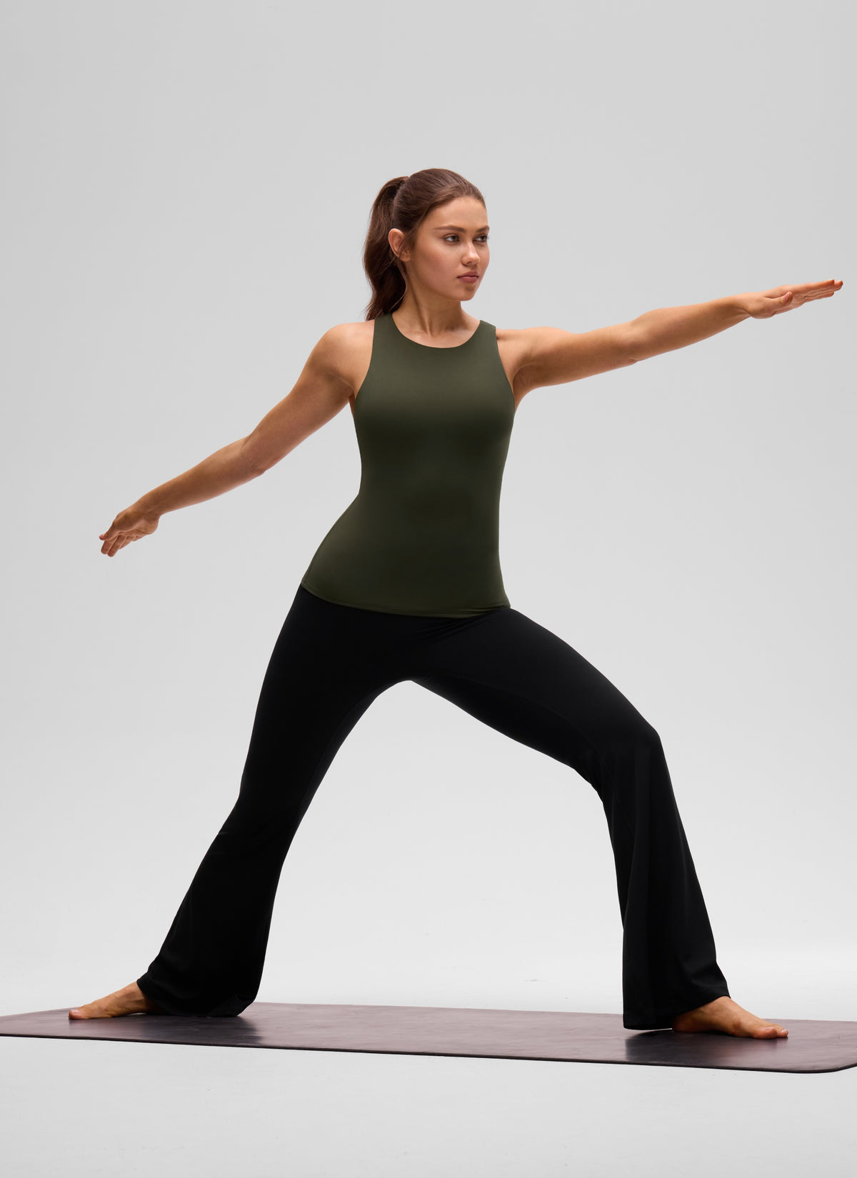 CRZ YOGA Women's Butterluxe Built-in Bra High Neck Racerback Tank Olive Green @model_info:Valeria