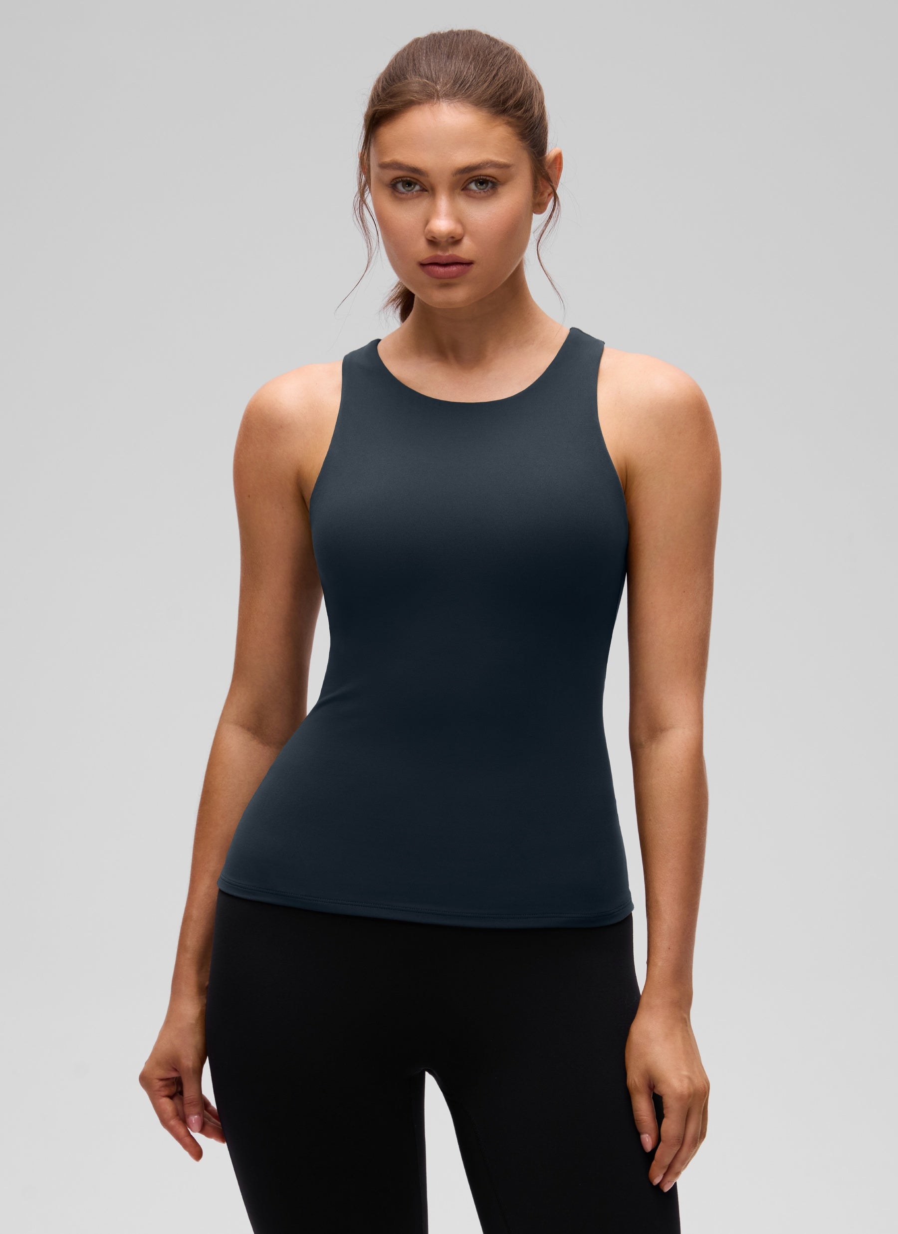 CRZ YOGA Women's Butterluxe Built-in Bra High Neck Racerback Tank True Navy @model_info:Valeria