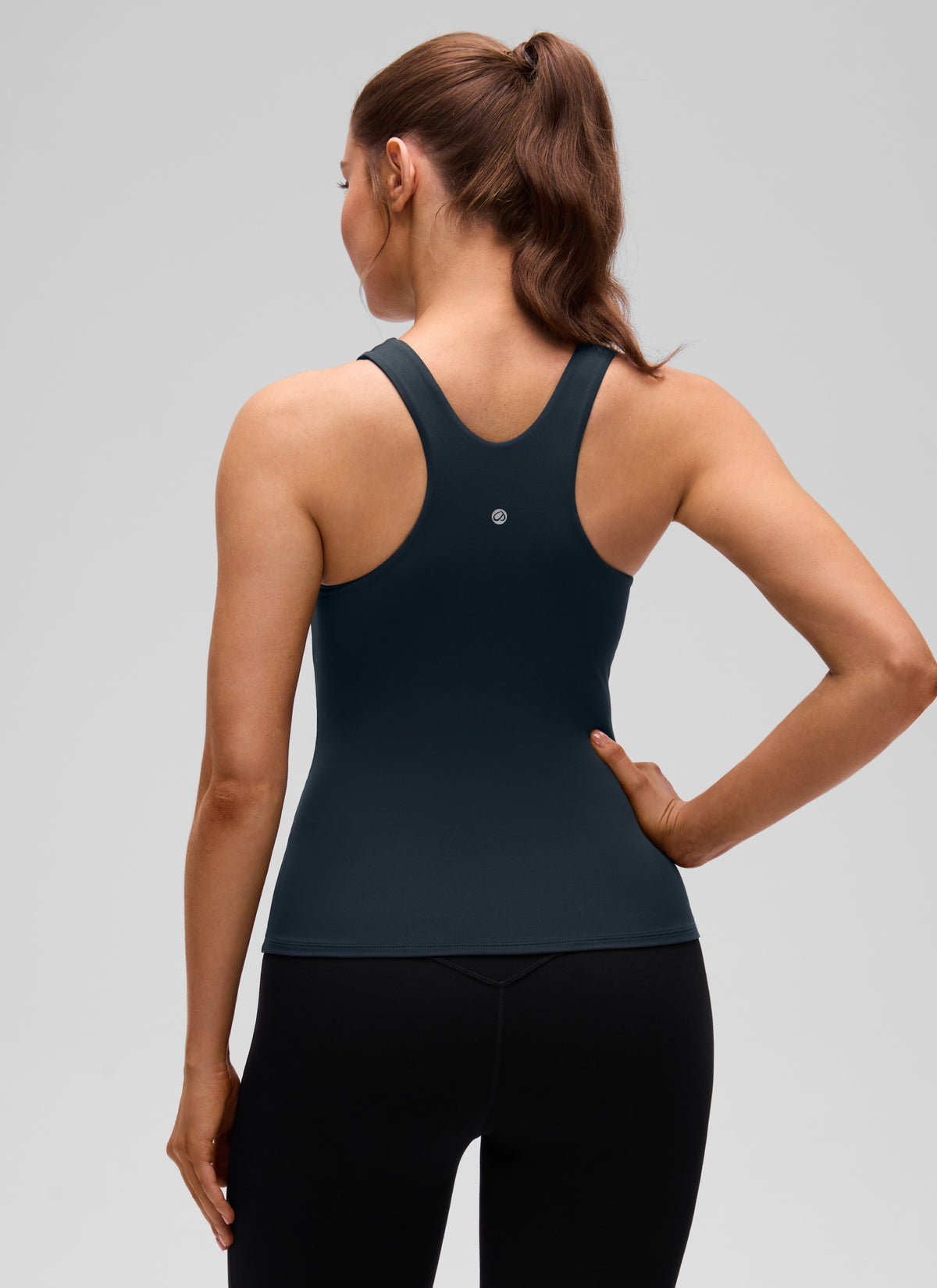 CRZ YOGA Women's Butterluxe Built-in Bra High Neck Racerback Tank True Navy @model_info:Valeria
