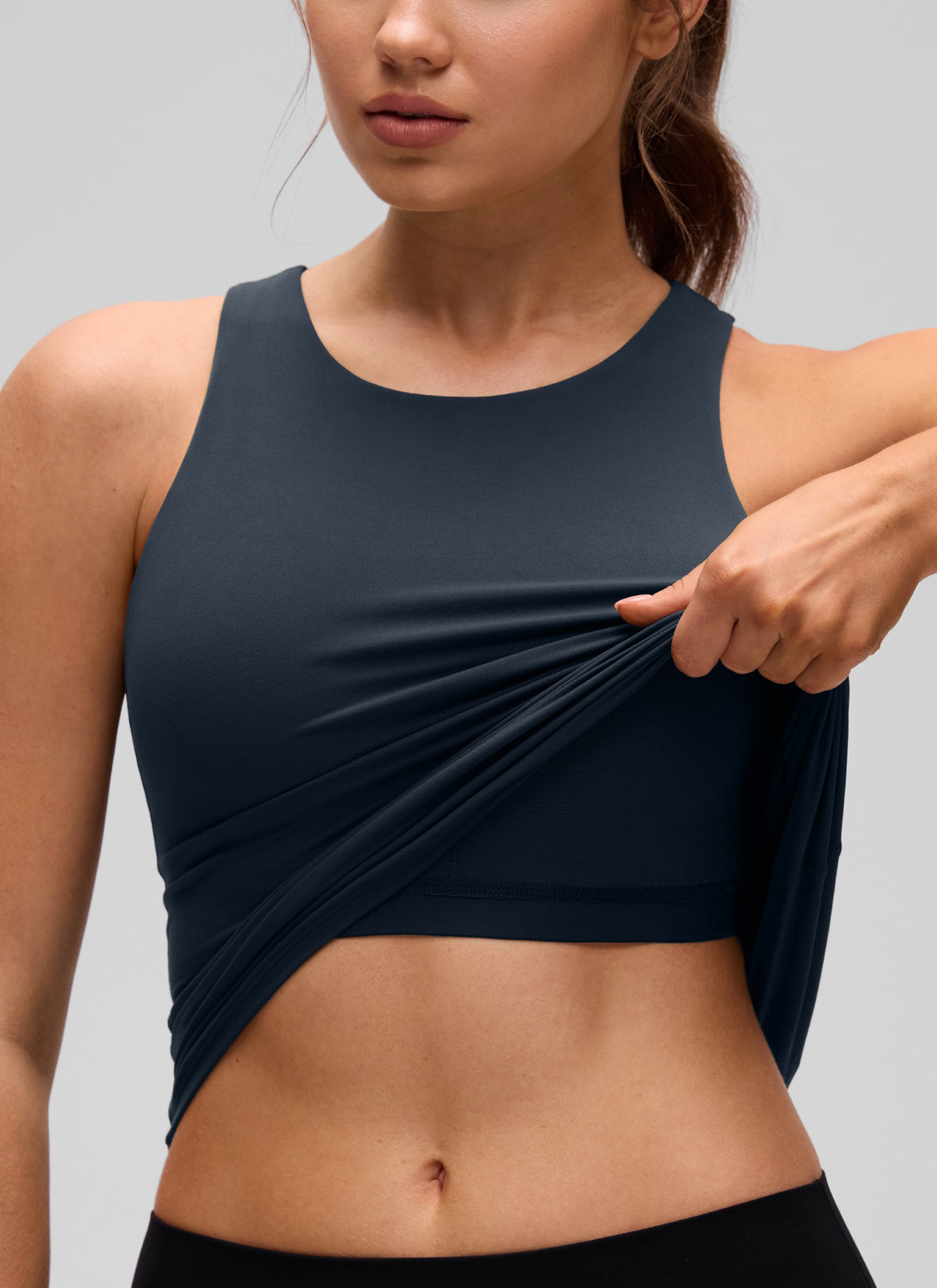 CRZ YOGA Women's Butterluxe Built-in Bra High Neck Racerback Tank True Navy @model_info:Valeria
