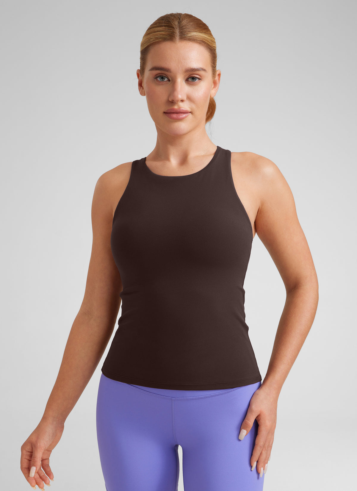 CRZ YOGA Women's Butterluxe Built-in Bra High Neck Racerback Tank Hot Fudge Brown @model_info:Lika