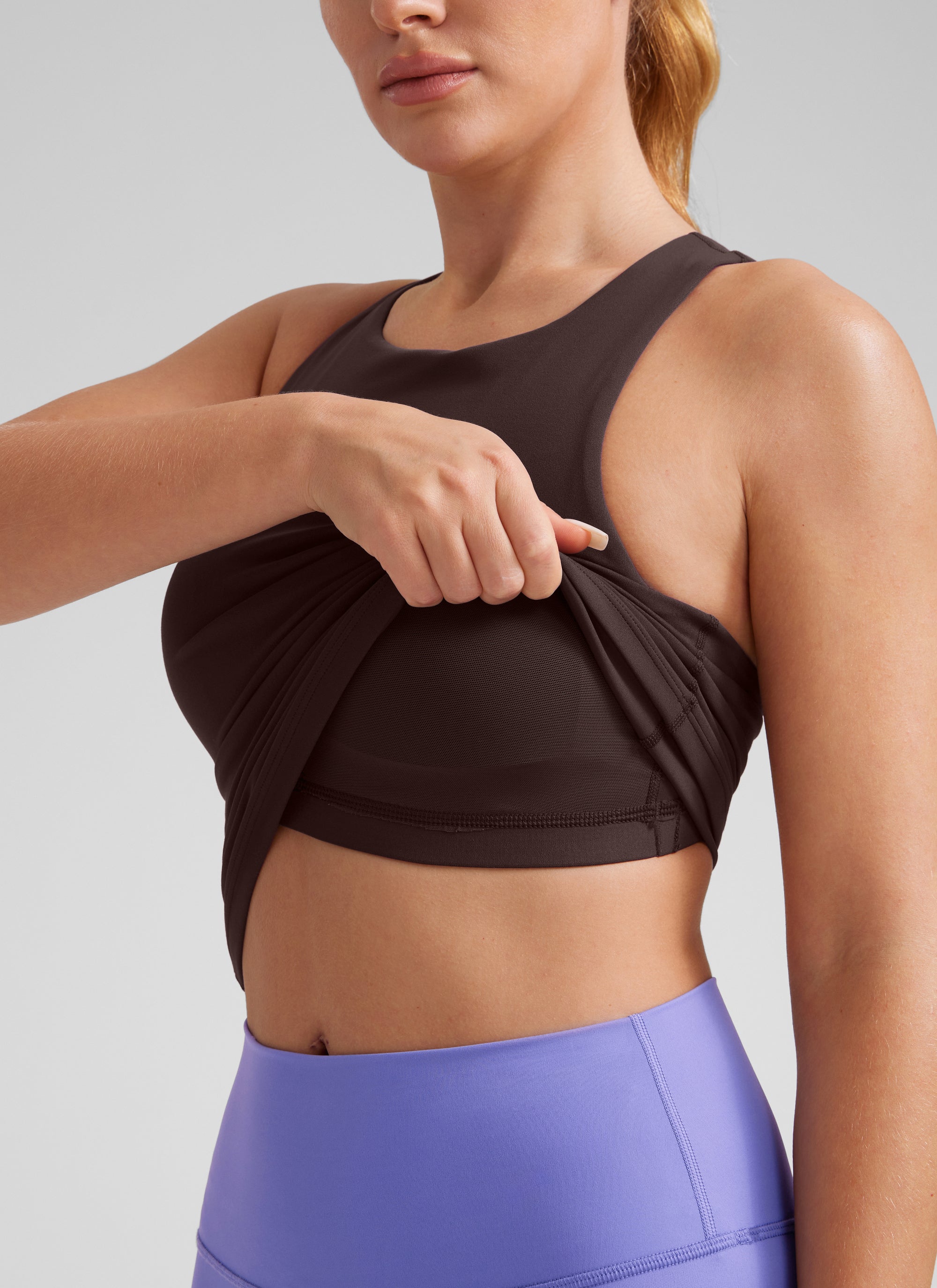 CRZ YOGA Women's Butterluxe Built-in Bra High Neck Racerback Tank Hot Fudge Brown @model_info:Lika