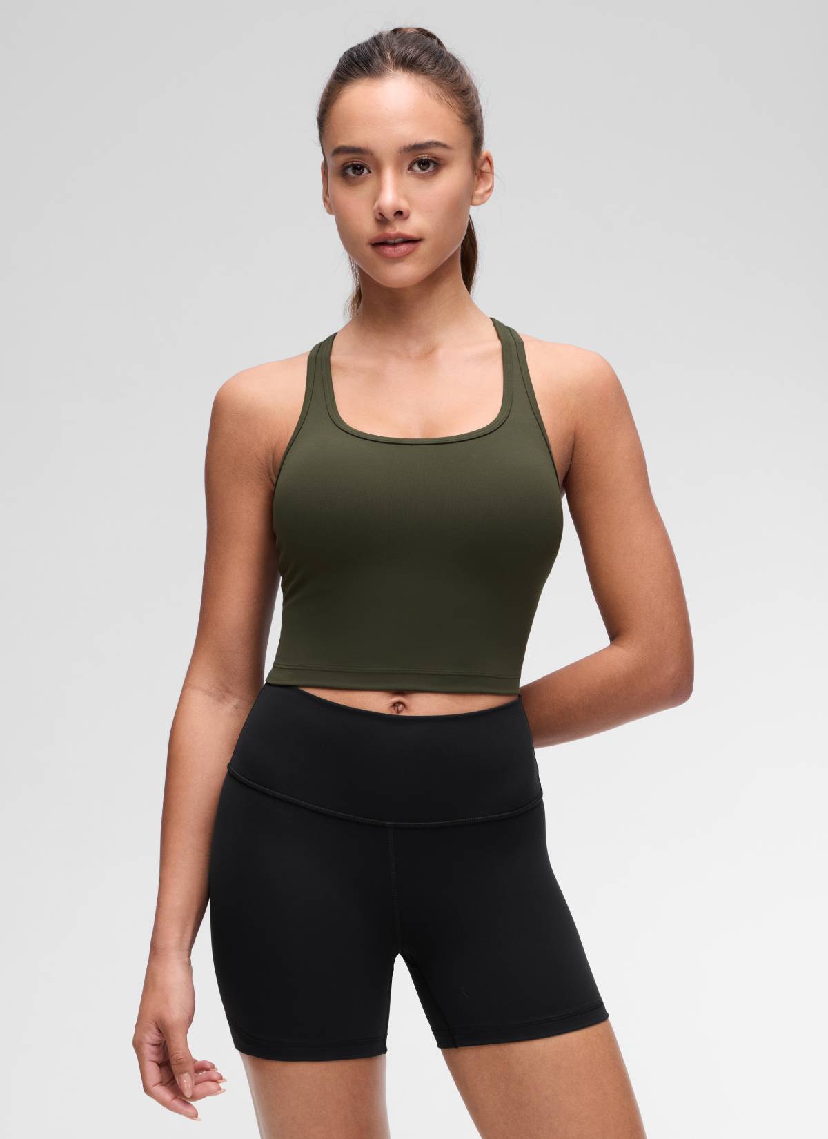 CRZ YOGA Women's Yoga Low support Butterluxe Scoop Neck Bra Y-Back Olive Green @model_info:Maria