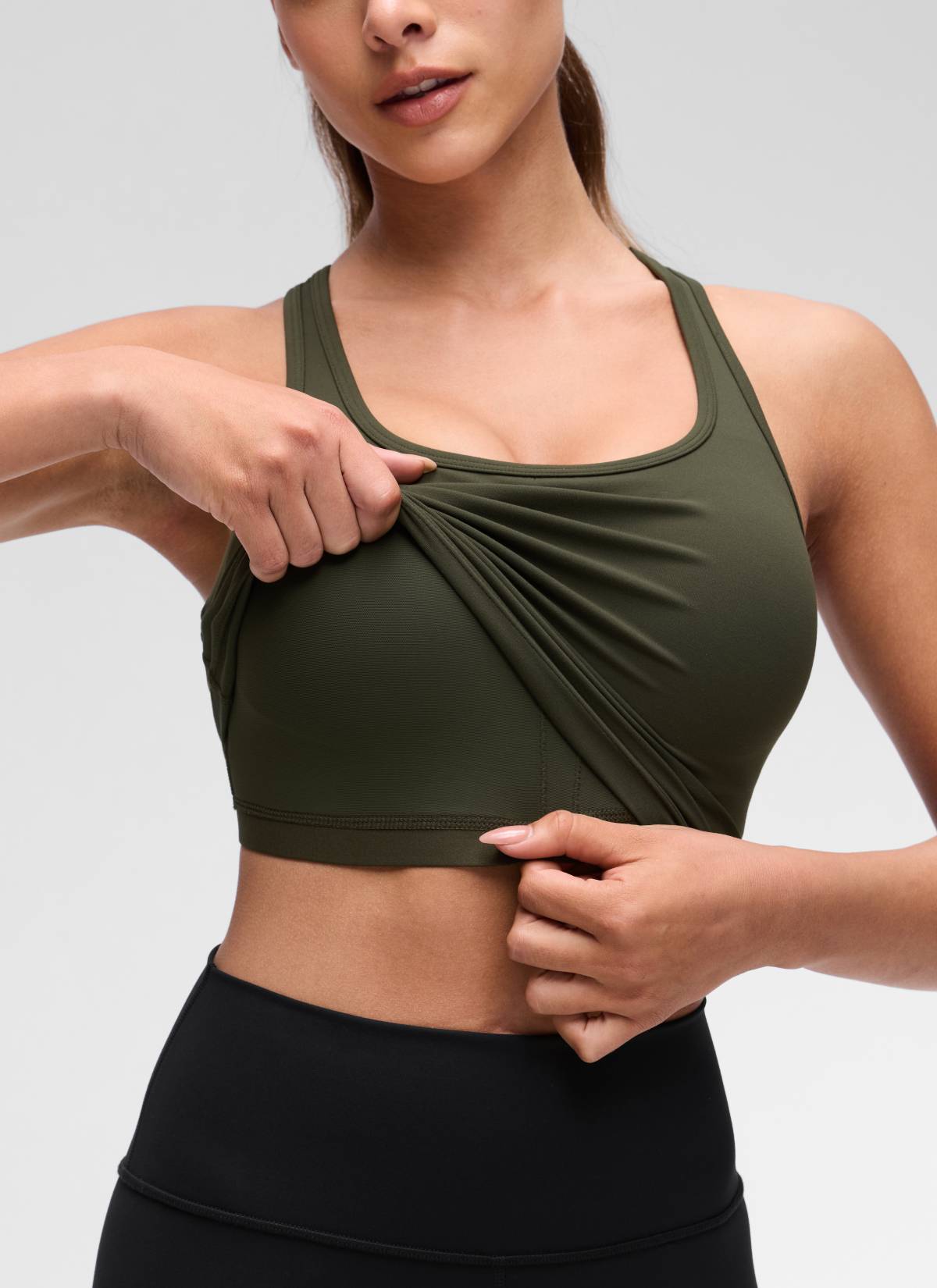 CRZ YOGA Women's Yoga Low support Butterluxe Scoop Neck Bra Y-Back Olive Green @model_info:Maria