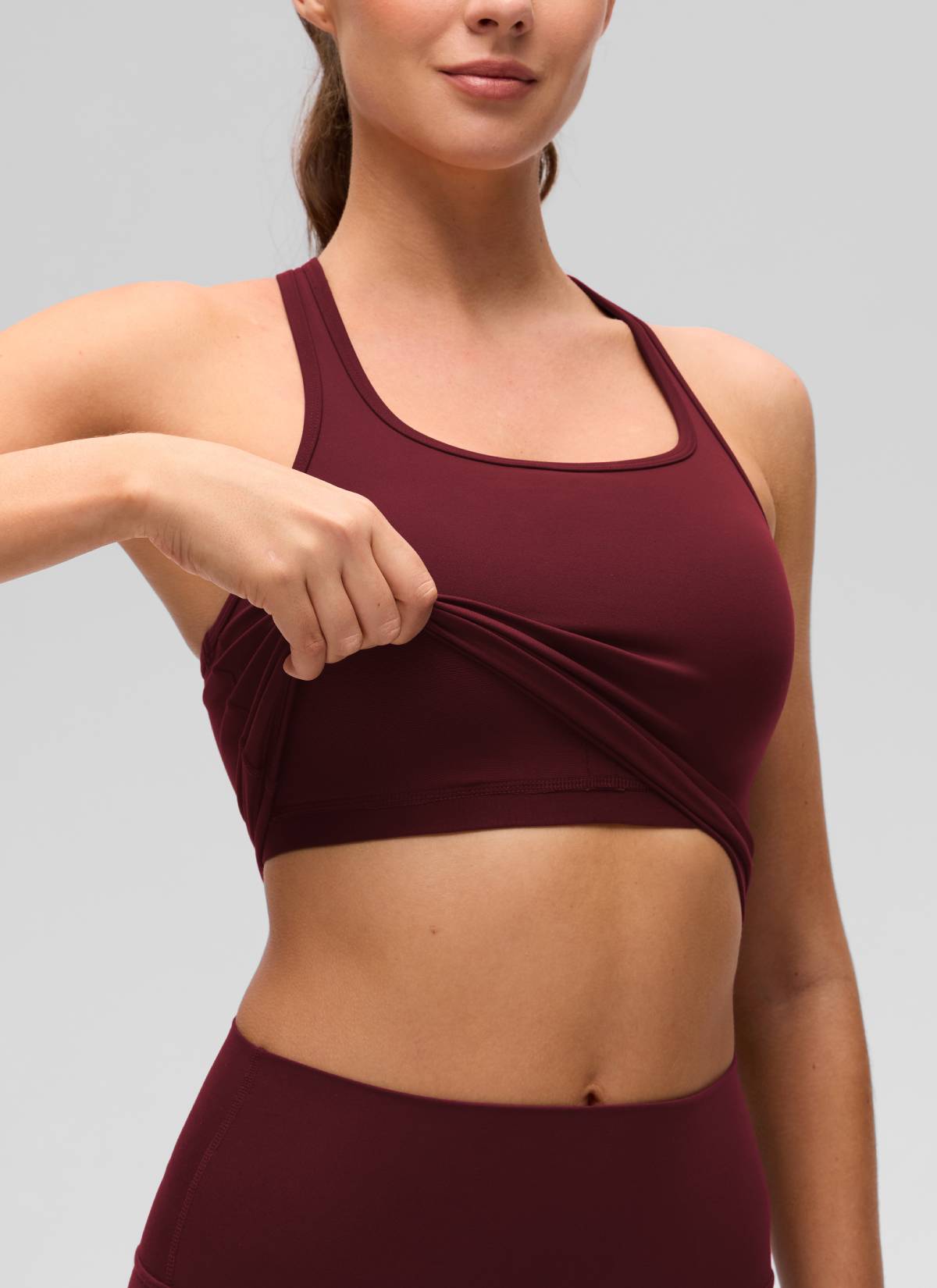 CRZ YOGA Women's Yoga Low support Butterluxe Scoop Neck Bra Y-Back Red Merlot @model_info:Gelya
