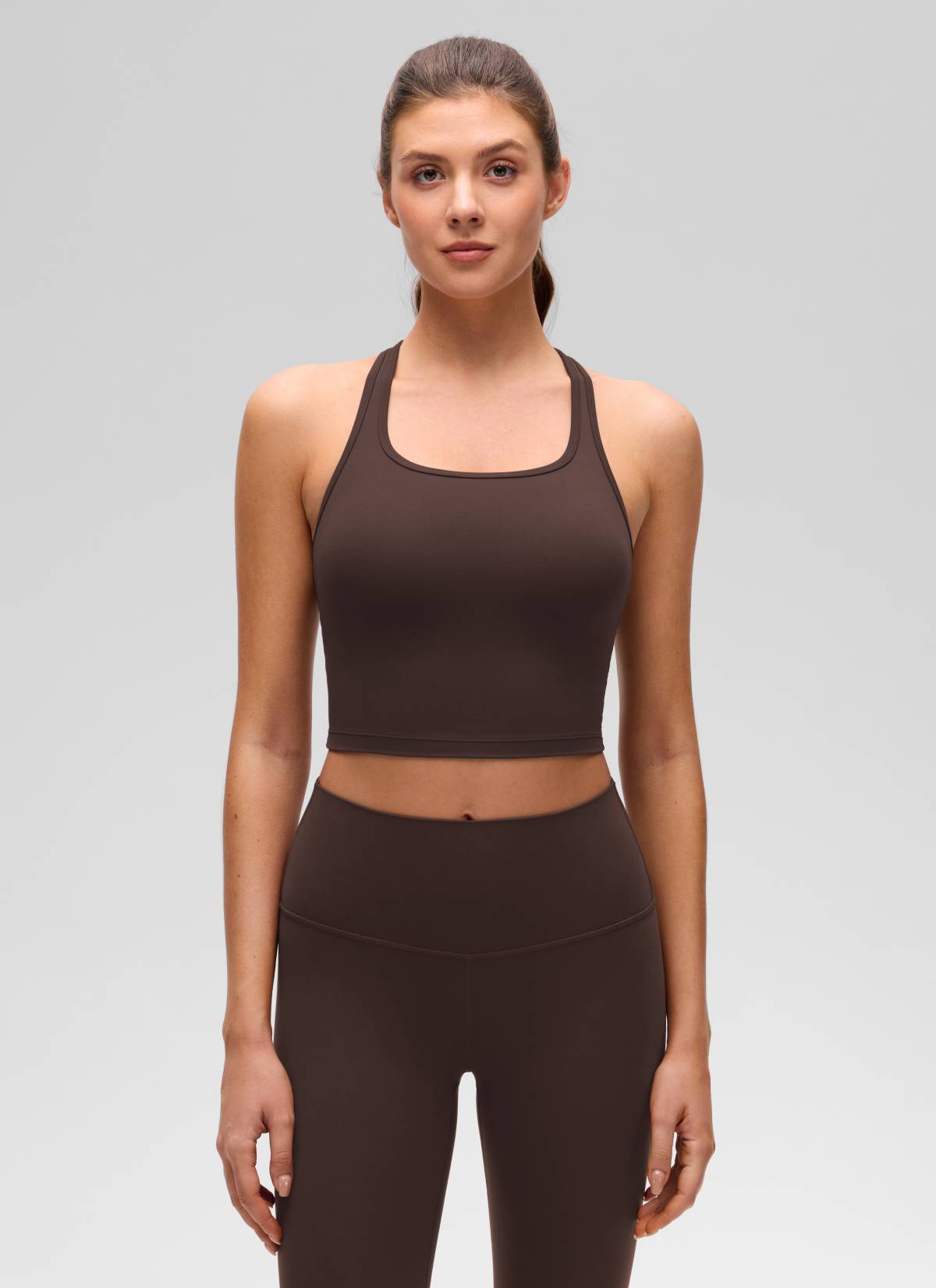 CRZ YOGA Women's Yoga Low support Butterluxe Scoop Neck Bra Y-Back Hot Fudge Brown @model_info:Gelya