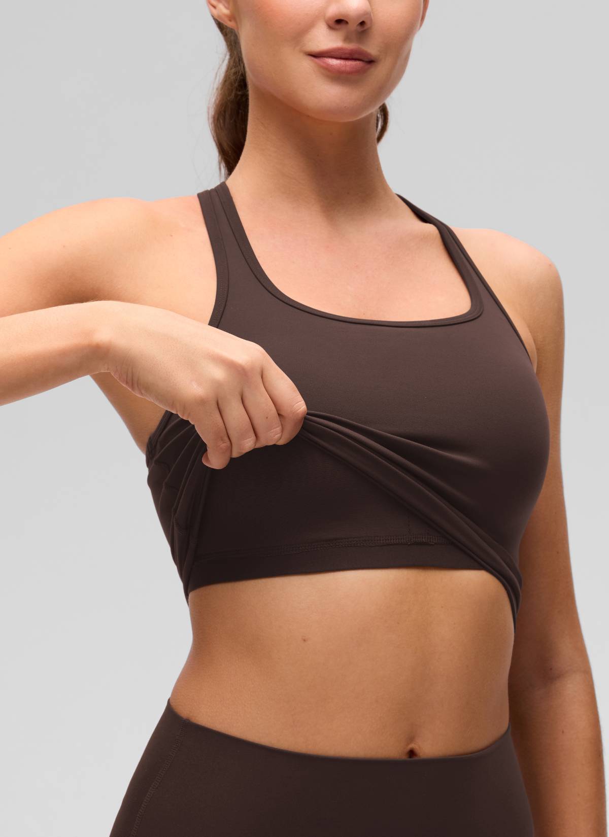 CRZ YOGA Women's Yoga Low support Butterluxe Scoop Neck Bra Y-Back Hot Fudge Brown @model_info:Gelya