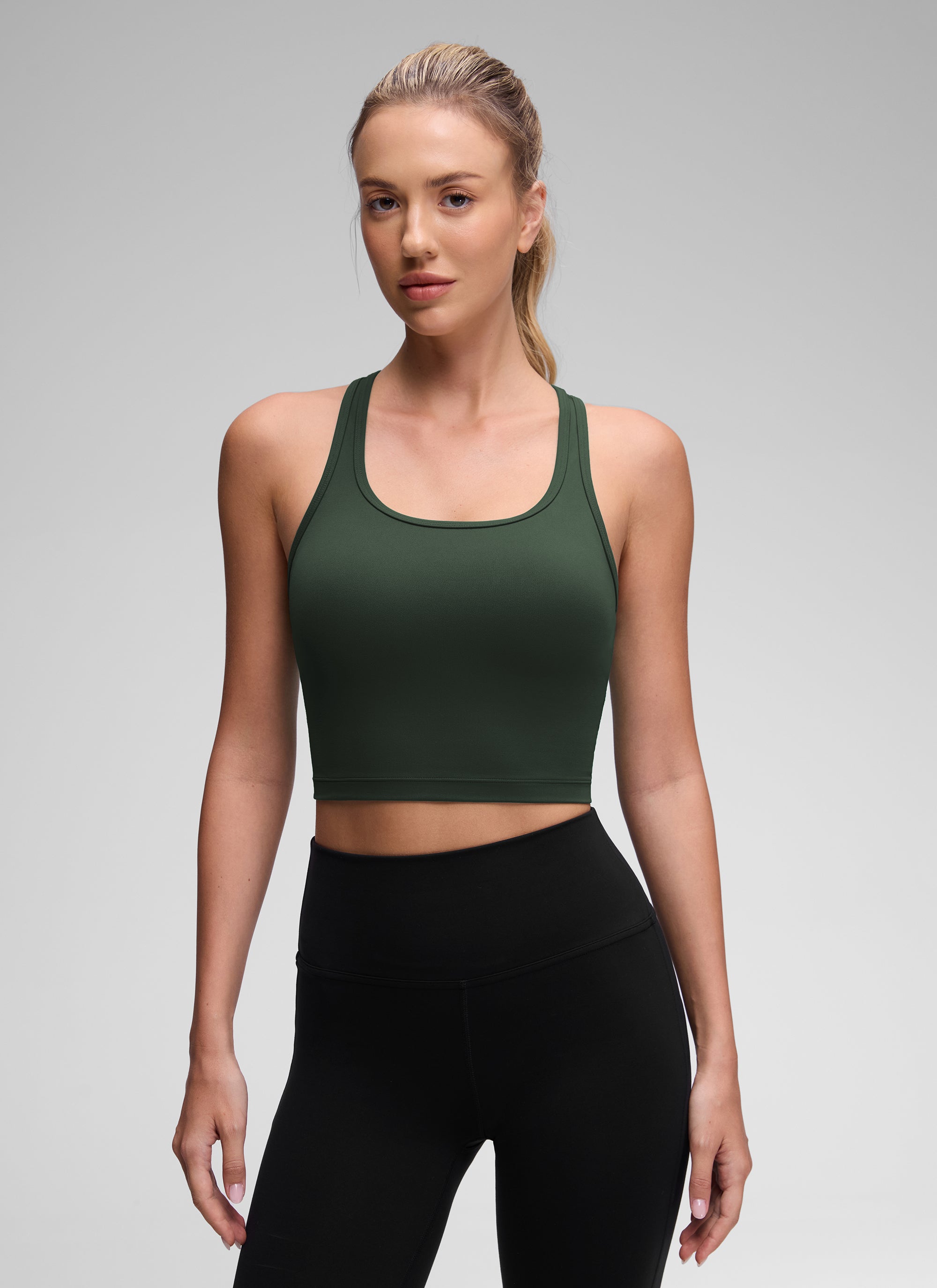 CRZ YOGA Women's Yoga Low support Butterluxe Scoop Neck Bra Y-Back Legend Green @model_info:Anna