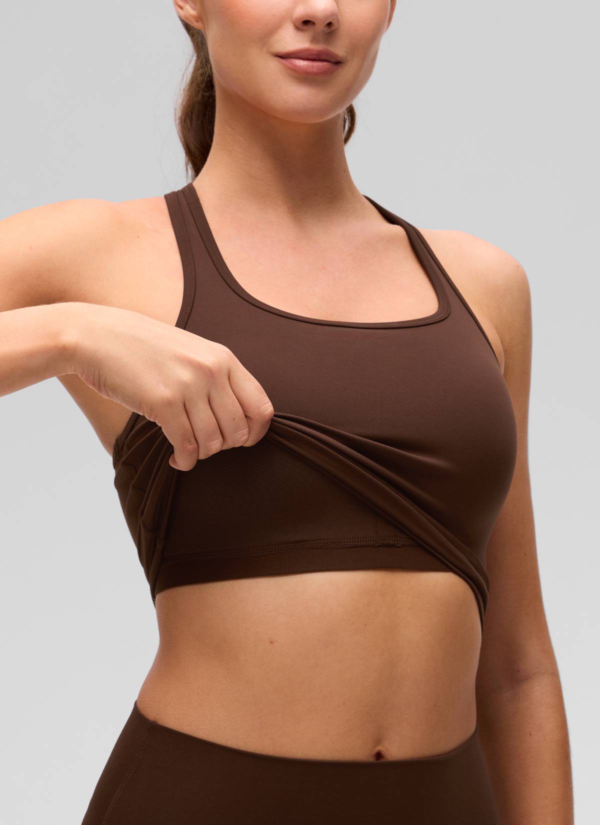 CRZ YOGA Women's Yoga Low support Butterluxe Scoop Neck Bra Y-Back Lava Brown @model_info:Gelya
