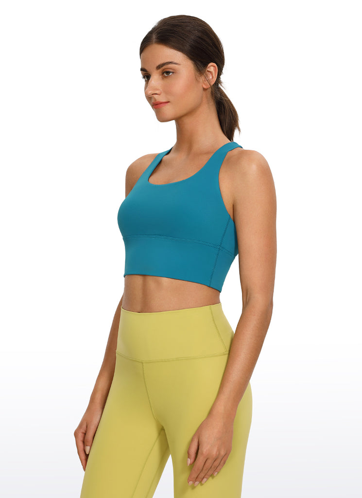 CRZ YOGA Women's Train Medium Support Nakedfeel Longline Bra Strappy Olive leopard grain