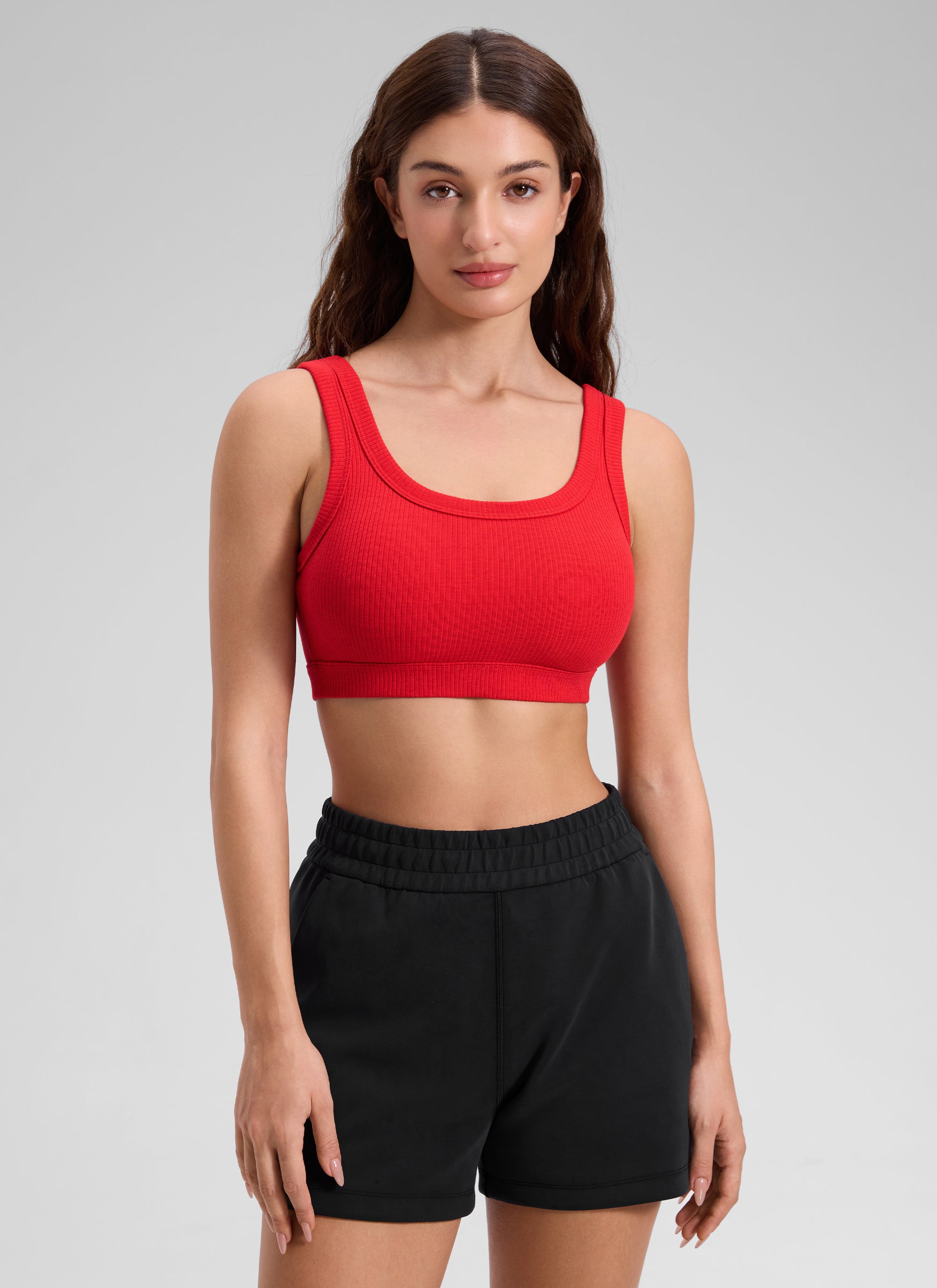 CRZ YOGA Women U Back Wireless Medium Impact Ribbed Sports Bras Deep Red