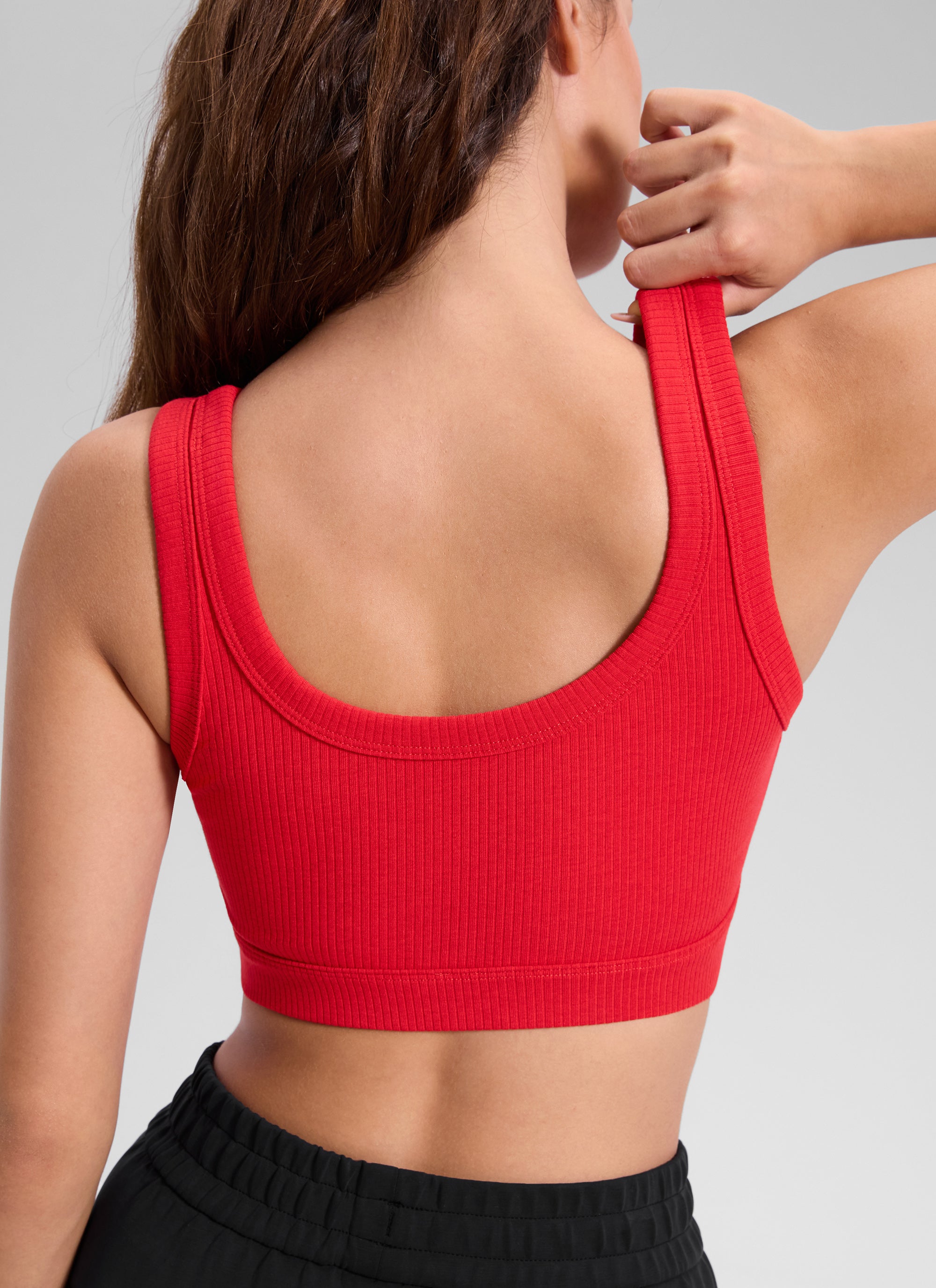 CRZ YOGA Women U Back Wireless Medium Impact Ribbed Sports Bras Deep Red