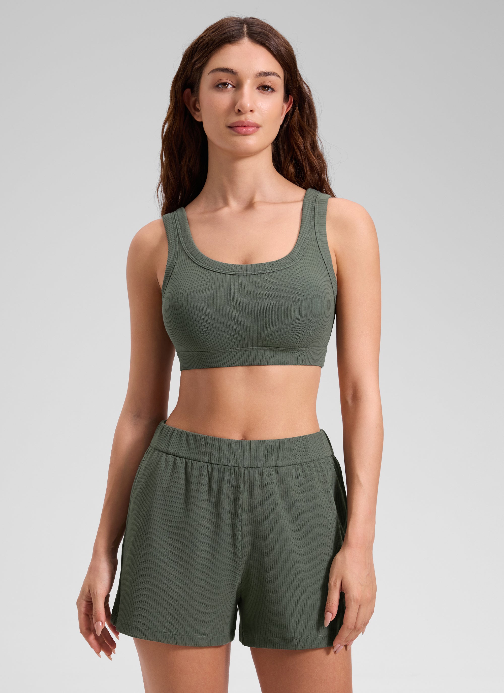 CRZ YOGA Women U Back Wireless Medium Impact Ribbed Sports Bras Grey Sage