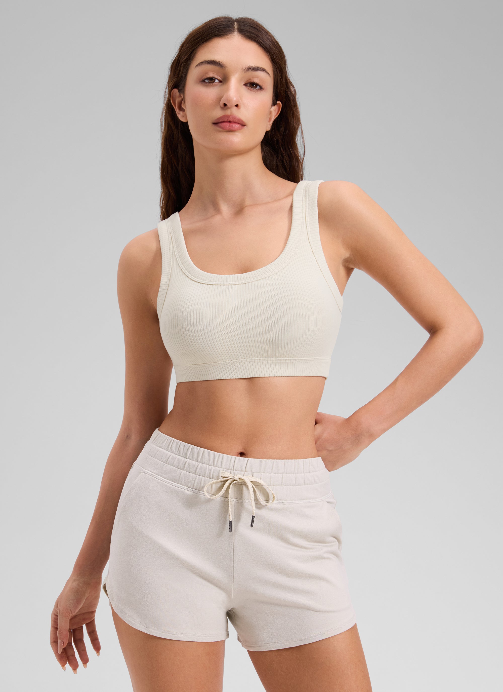 CRZ YOGA Women U Back Wireless Medium Impact Ribbed Sports Bras White Apricot