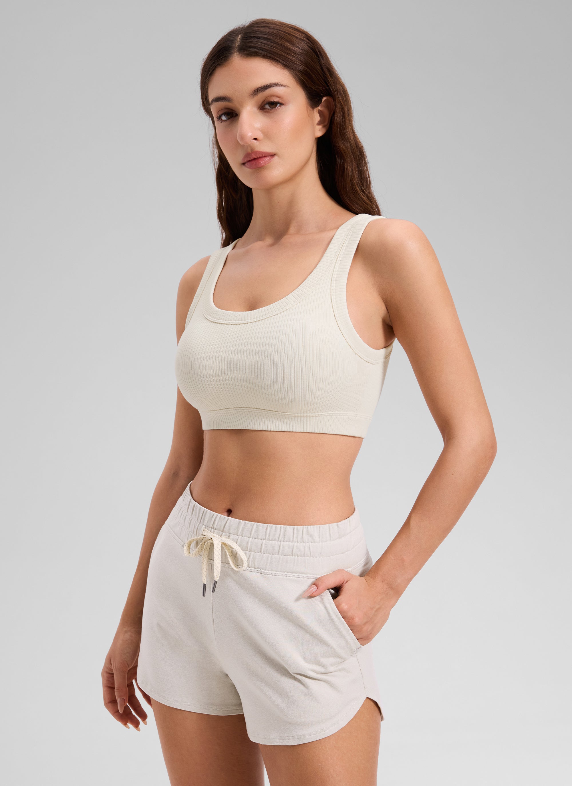 CRZ YOGA Women U Back Wireless Medium Impact Ribbed Sports Bras White Apricot