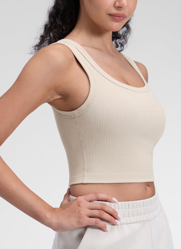 CRZ YOGA Women Longline U Neck Medium Impact Ribbed Sports Bras Mojave Tan