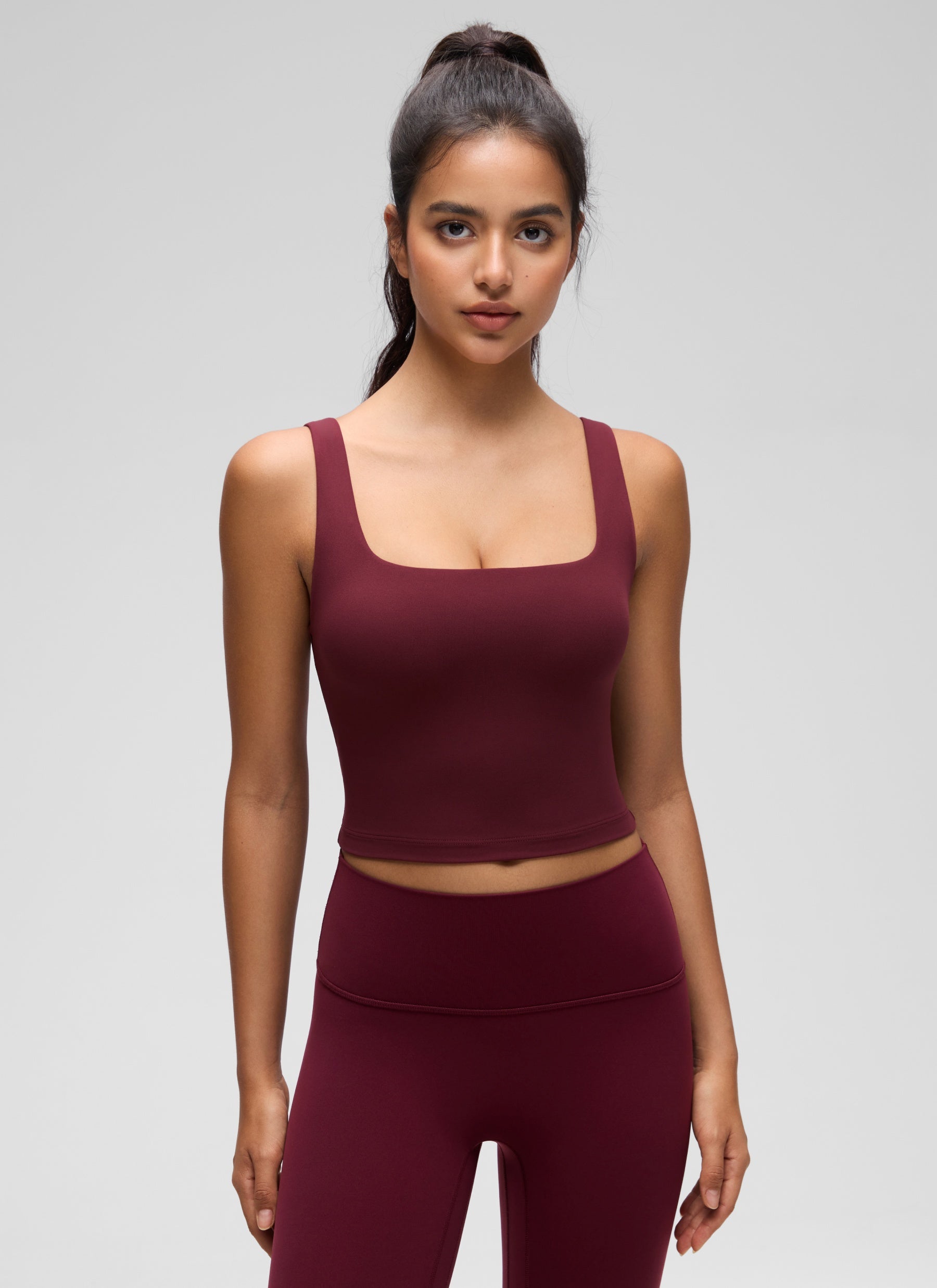 CRZ YOGA Women's Yoga Low Impact Butterluxe Longline Bra Square Neck Red Merlot @model_info:Liss