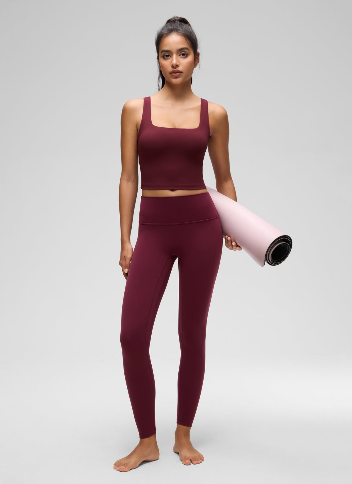 CRZ YOGA Women's Yoga Low Impact Butterluxe Longline Bra Square Neck Red Merlot @model_info:Liss