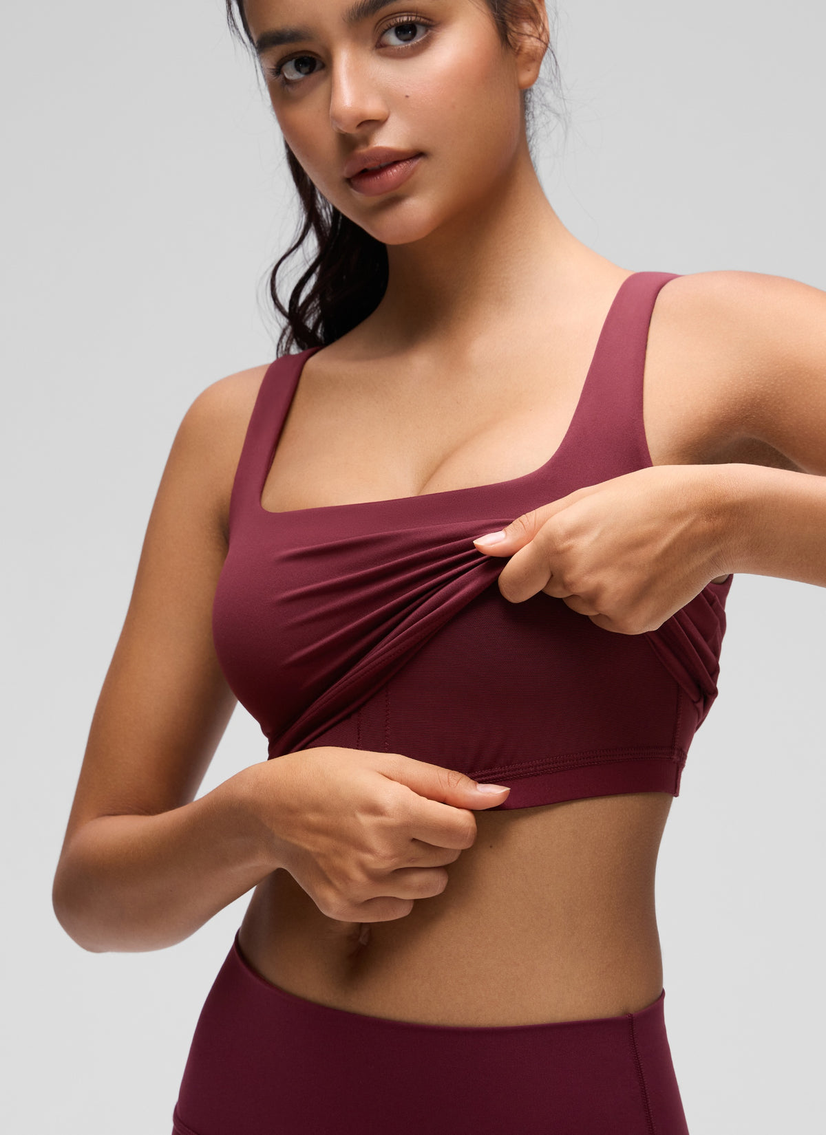CRZ YOGA Women's Yoga Low Impact Butterluxe Longline Bra Square Neck Red Merlot @model_info:Liss
