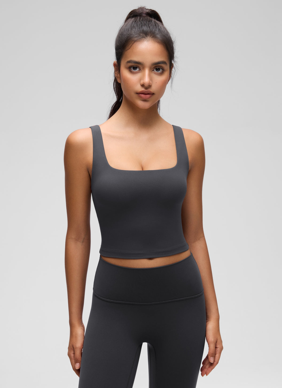 CRZ YOGA Women's Yoga Low Impact Butterluxe Longline Bra Square Neck Mysterious Grey @model_info:Liss