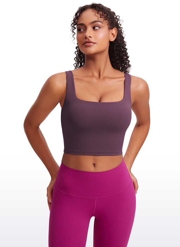 CRZ YOGA Women's Yoga Low Impact Butterluxe Longline Bra Square Neck Grape Thistle Purple