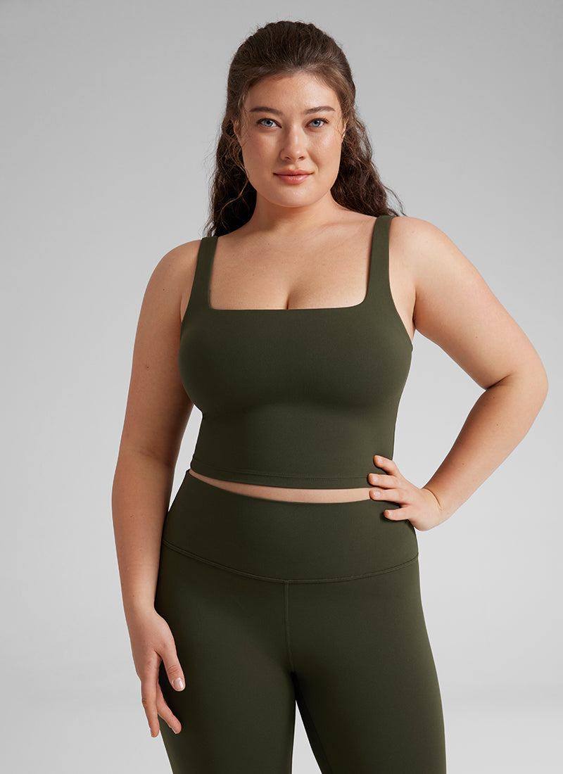 CRZ YOGA Women's Yoga Low Impact Butterluxe Longline Bra Square Neck Olive Green @model_info:Victoria