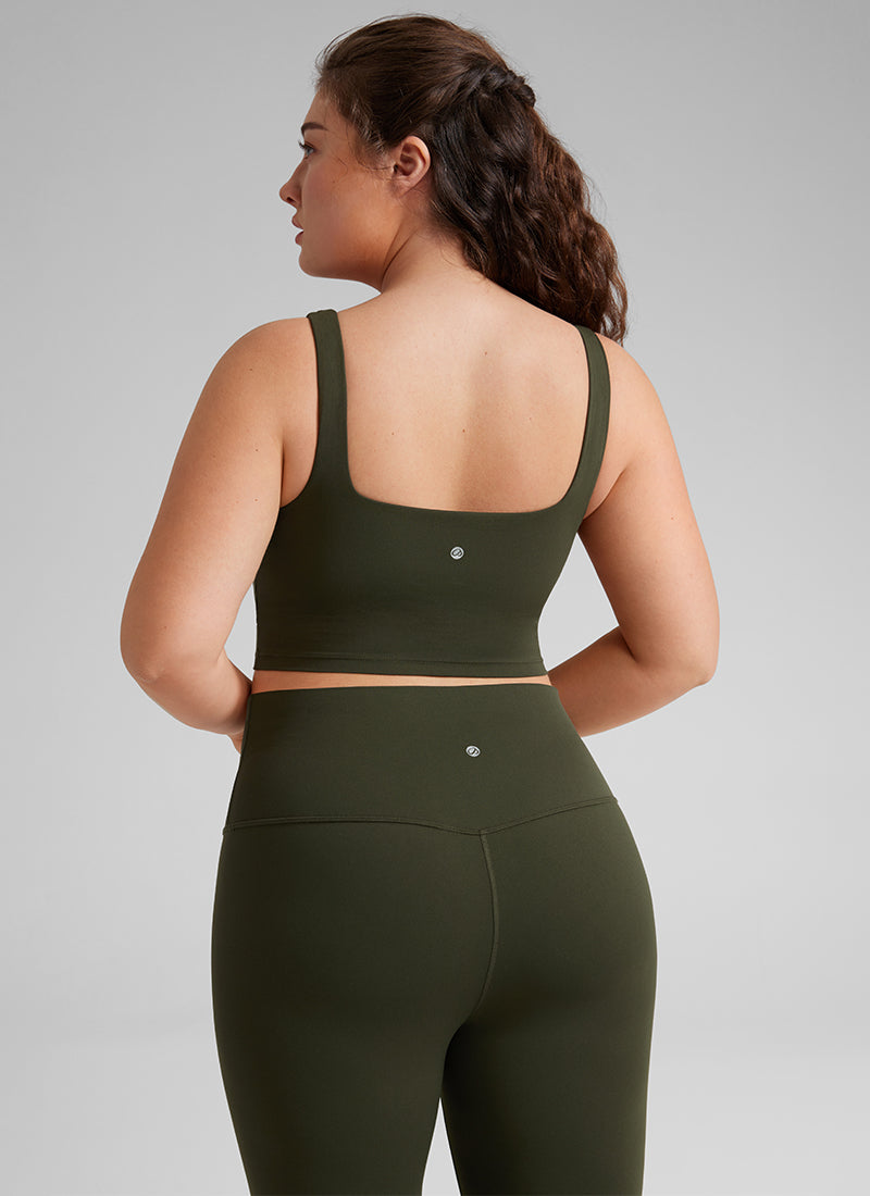 CRZ YOGA Women's Yoga Low Impact Butterluxe Longline Bra Square Neck Olive Green @model_info:Victoria