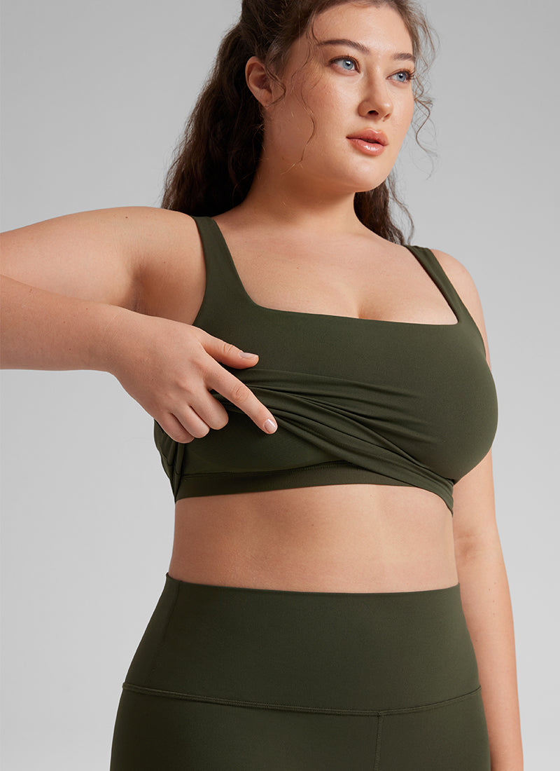 CRZ YOGA Women's Yoga Low Impact Butterluxe Longline Bra Square Neck Olive Green @model_info:Victoria
