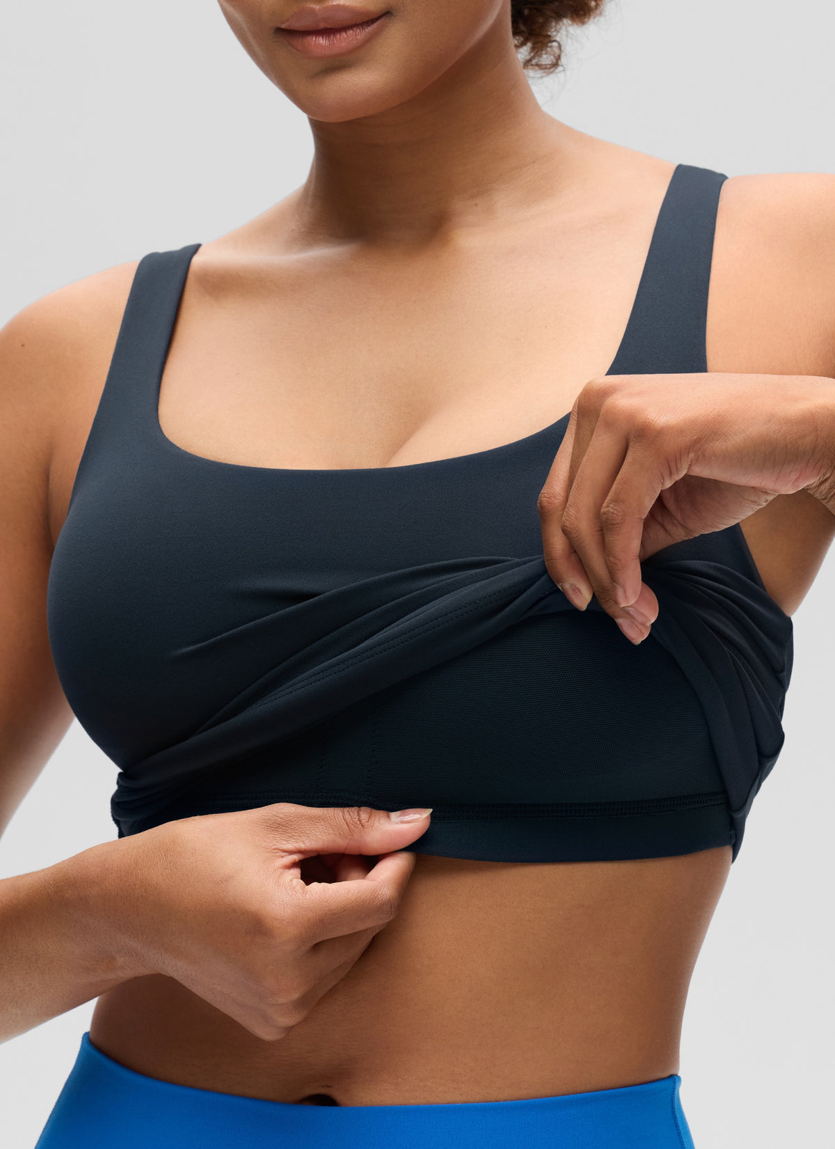 CRZ YOGA Women's SlimFit Tops Butterluxe Built-in Bra U Neck Tanks True Navy @model_info:Barbara