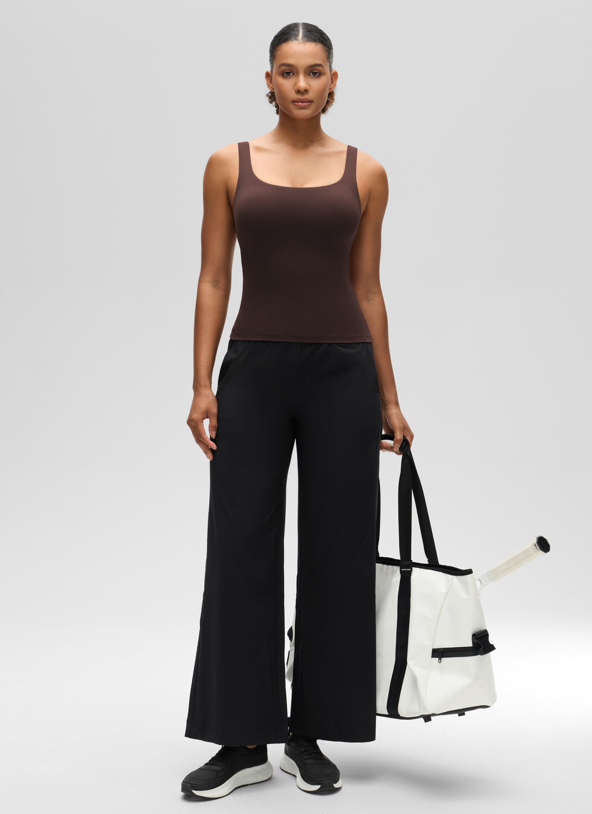 CRZ YOGA Women's SlimFit Tops Butterluxe Built-in Bra U Neck Tanks Hot Fudge Brown @model_info:Barbara