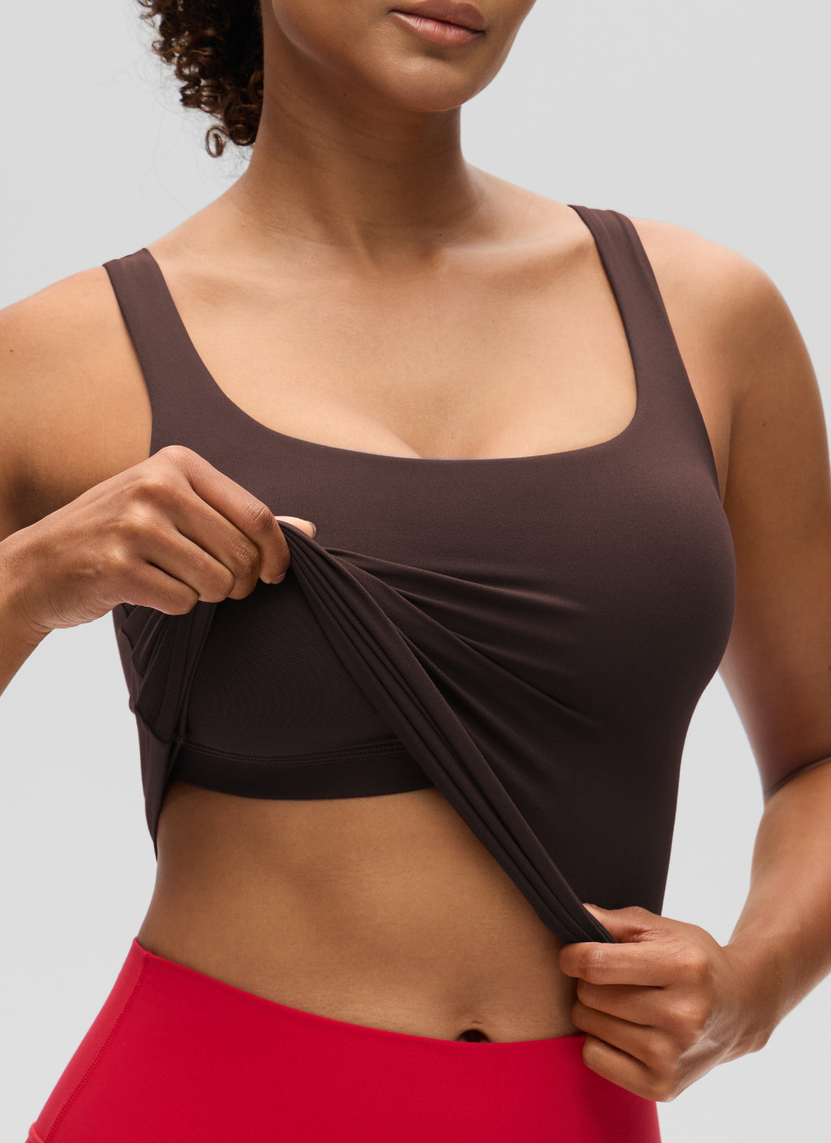 CRZ YOGA Women's SlimFit Tops Butterluxe Built-in Bra U Neck Tanks Hot Fudge Brown @model_info:Barbara