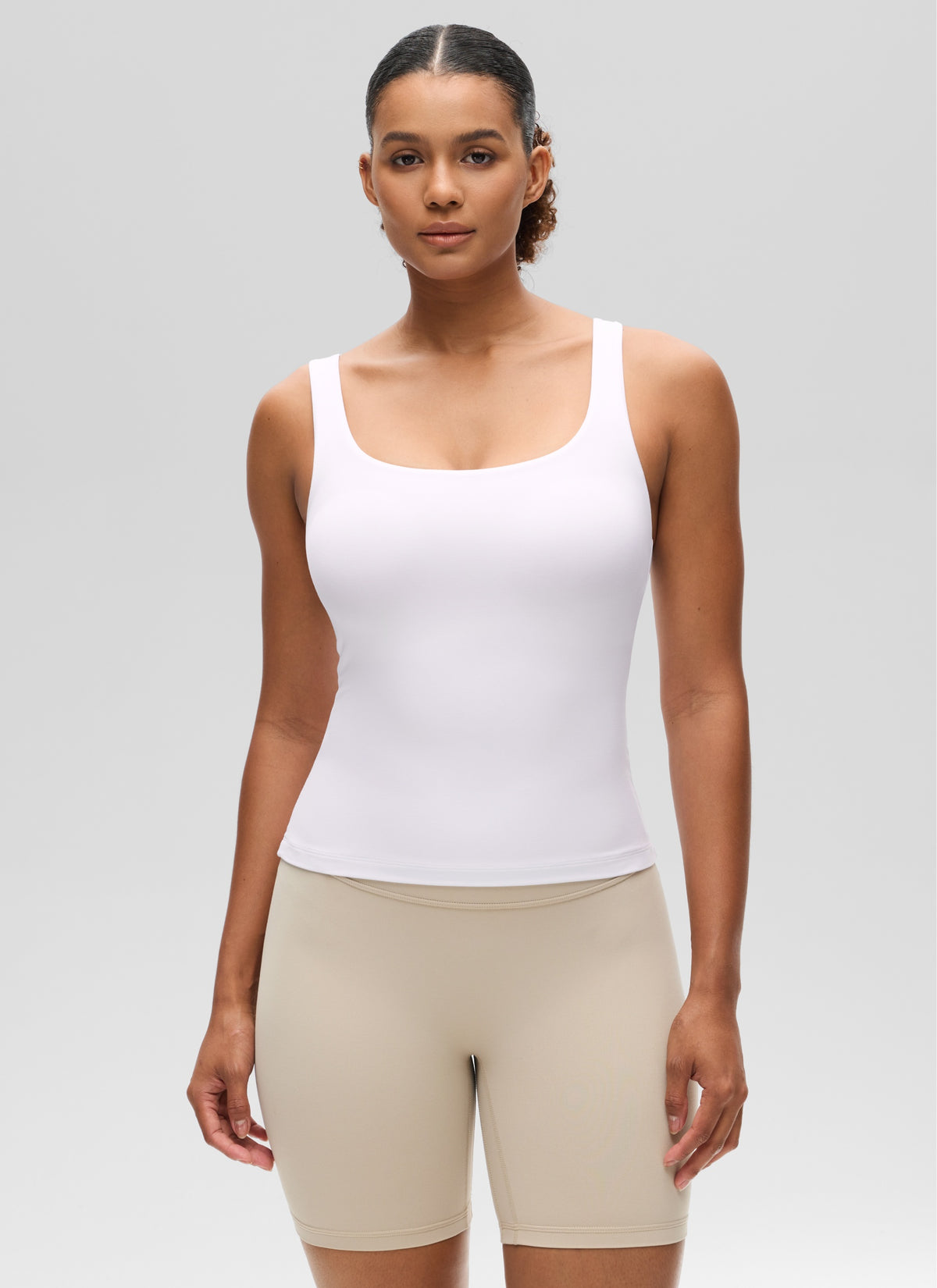 CRZ YOGA Women's SlimFit Tops Butterluxe Built-in Bra U Neck Tanks White @model_info:Barbara